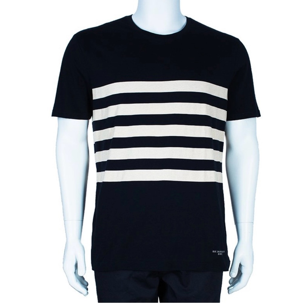 Burberry Brit Men Navy Blue Strip Tee Shirt Size XL. Rare Burberry Print